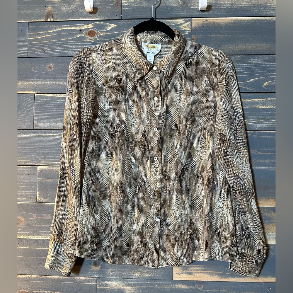 Talbots 10 Petite Silk Blouse with Brown and Cream Pattern